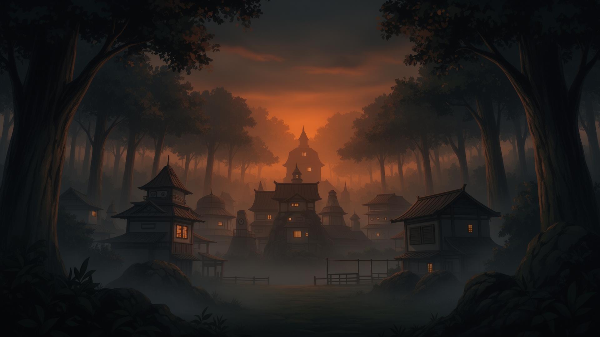 Villaggio ninja al tramonto, ambientazione di Naruto Garden